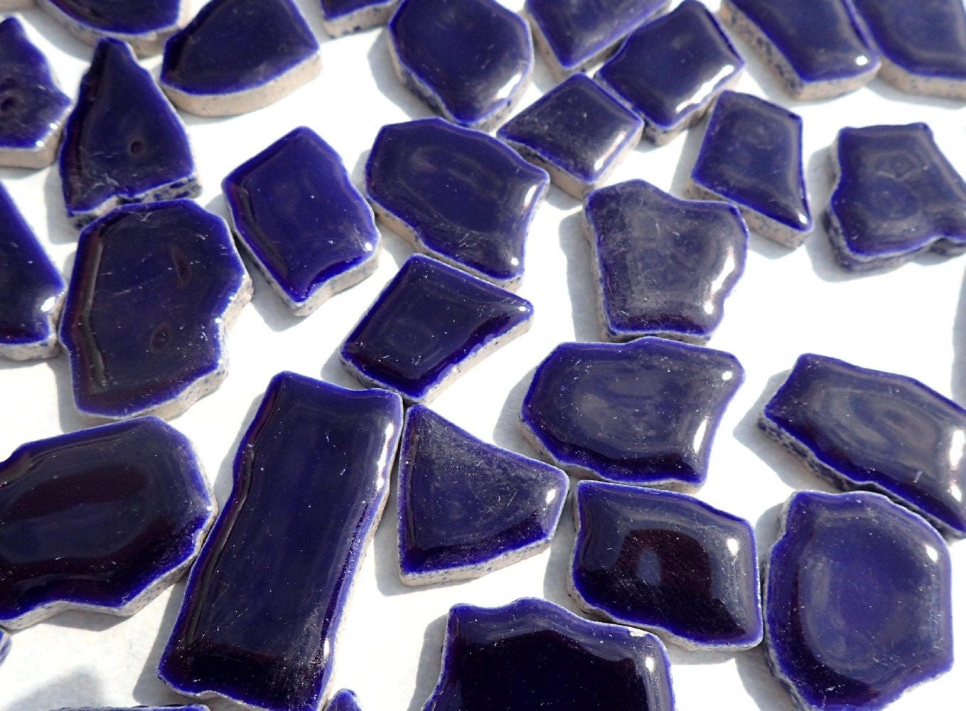 Dark Blue Mosaic Ceramic Tiles - Jigsaw Puzzle Shaped Pieces - Half Pound - Assorted Sizes Random Shapes - Indigo