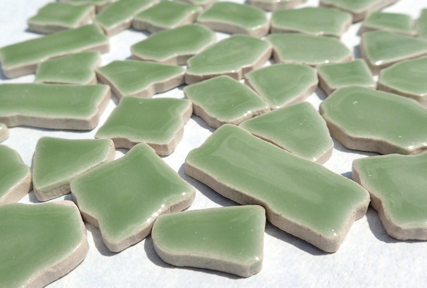 Jade Green Mosaic Ceramic Tiles - Jigsaw Puzzle Shaped Pieces - Half Pound - Assorted Sizes Random Shapes