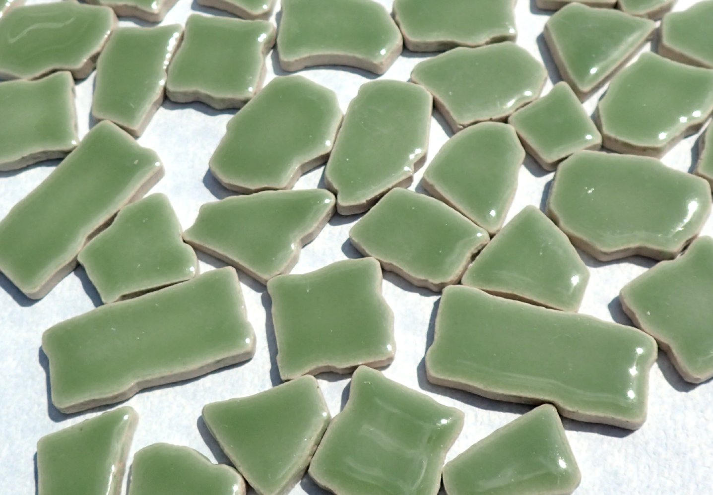 Jade Green Mosaic Ceramic Tiles - Jigsaw Puzzle Shaped Pieces - Half Pound - Assorted Sizes Random Shapes