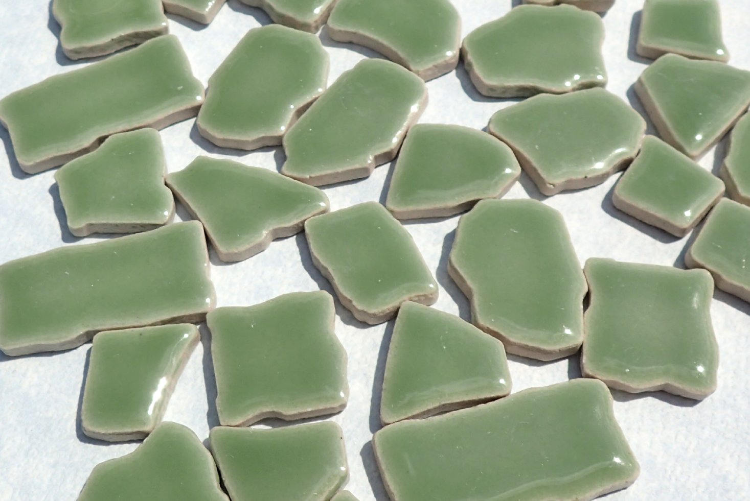 Jade Green Mosaic Ceramic Tiles - Jigsaw Puzzle Shaped Pieces - Half Pound - Assorted Sizes Random Shapes