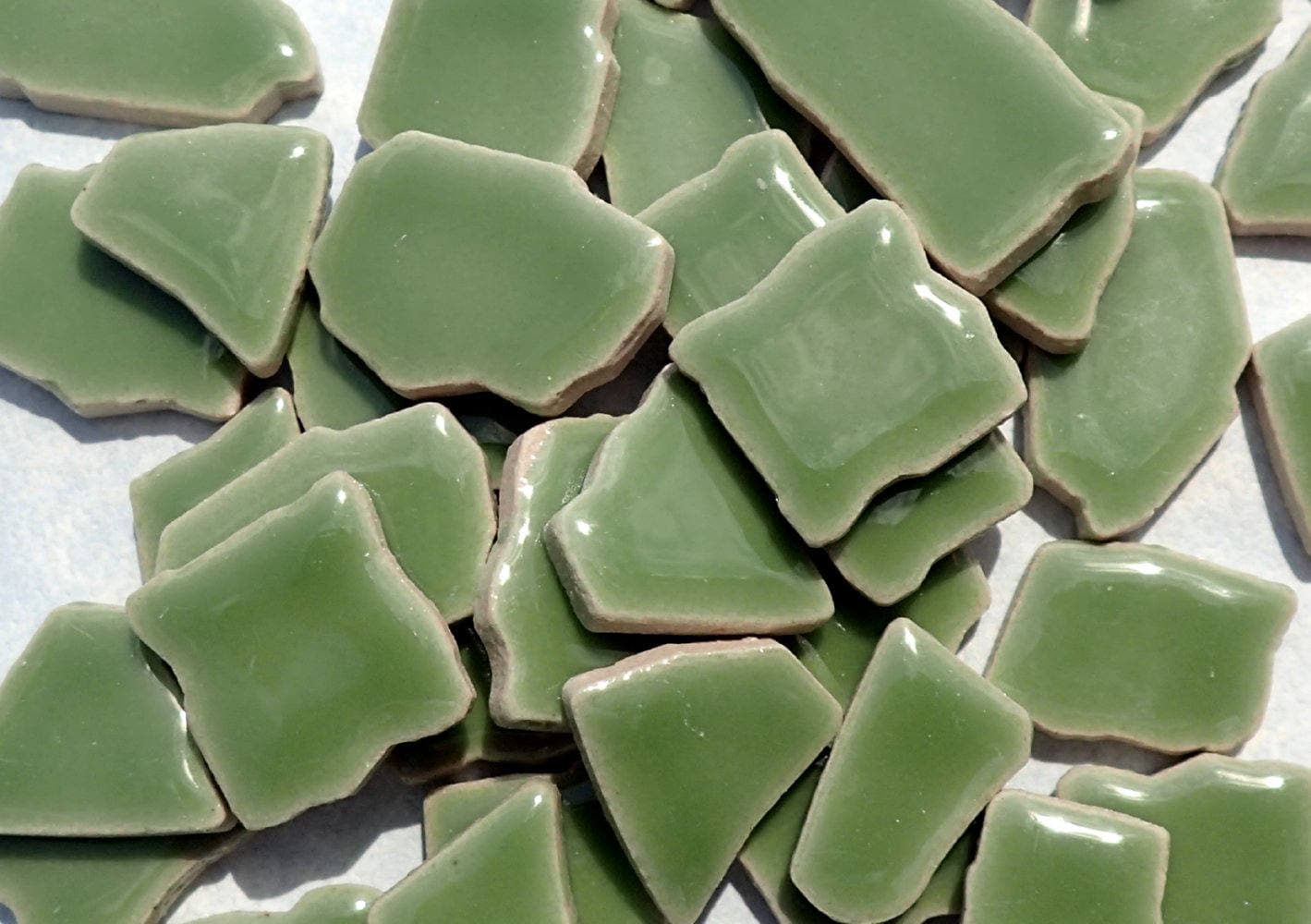 Jade Green Mosaic Ceramic Tiles - Jigsaw Puzzle Shaped Pieces - Half Pound - Assorted Sizes Random Shapes