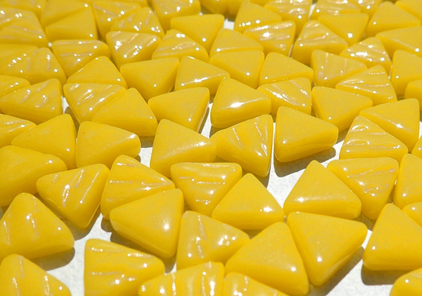 Small Yellow Triangle Glass Mosaic Tiles - 10mm - Opaque Glass Solid Color - 50g of Triangles - Approx 80 Tiles