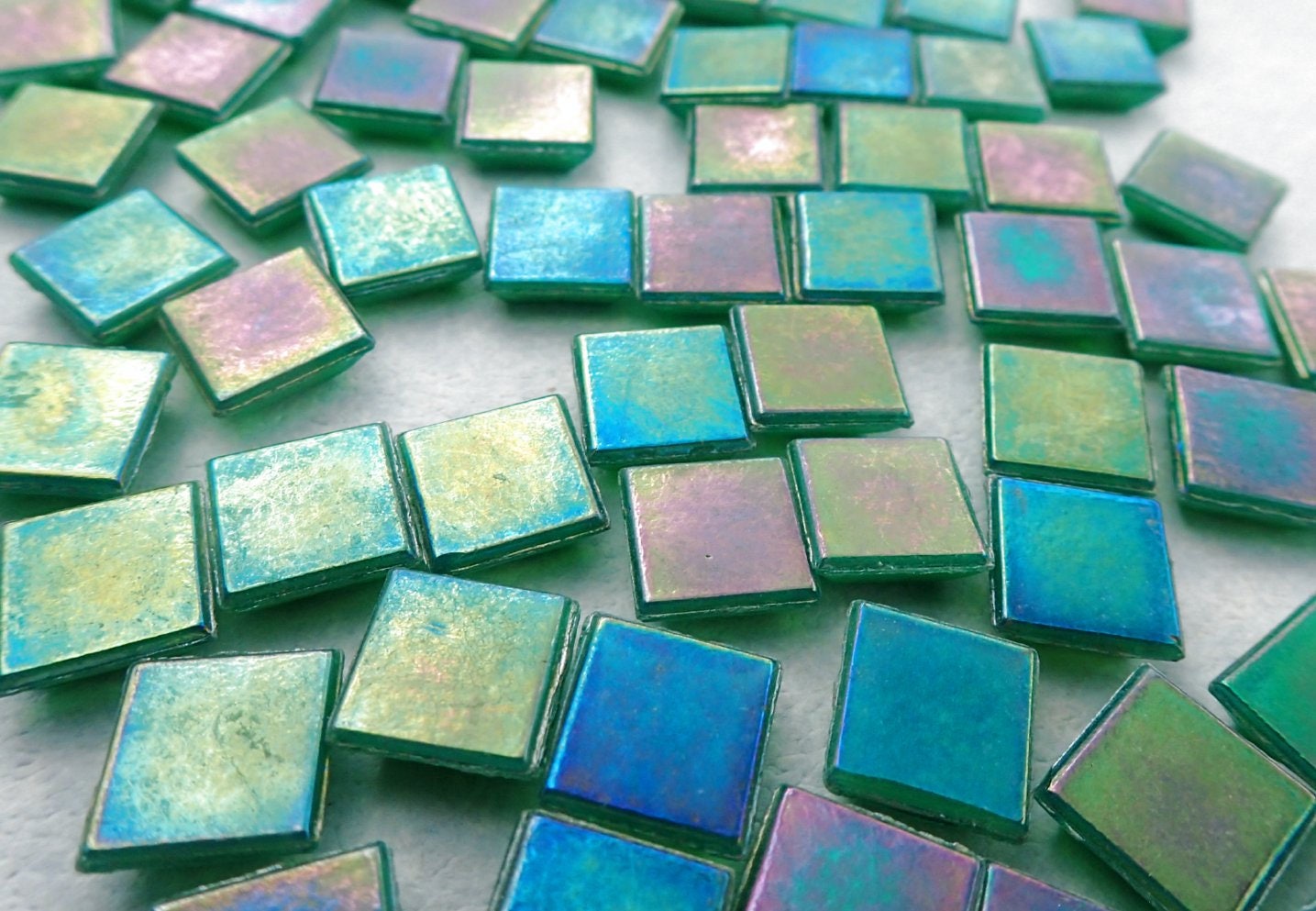 Rainforest Green Iridescent Venetian Glass Tiles - 1 cm - 100 grams - Approx 150 Tiles