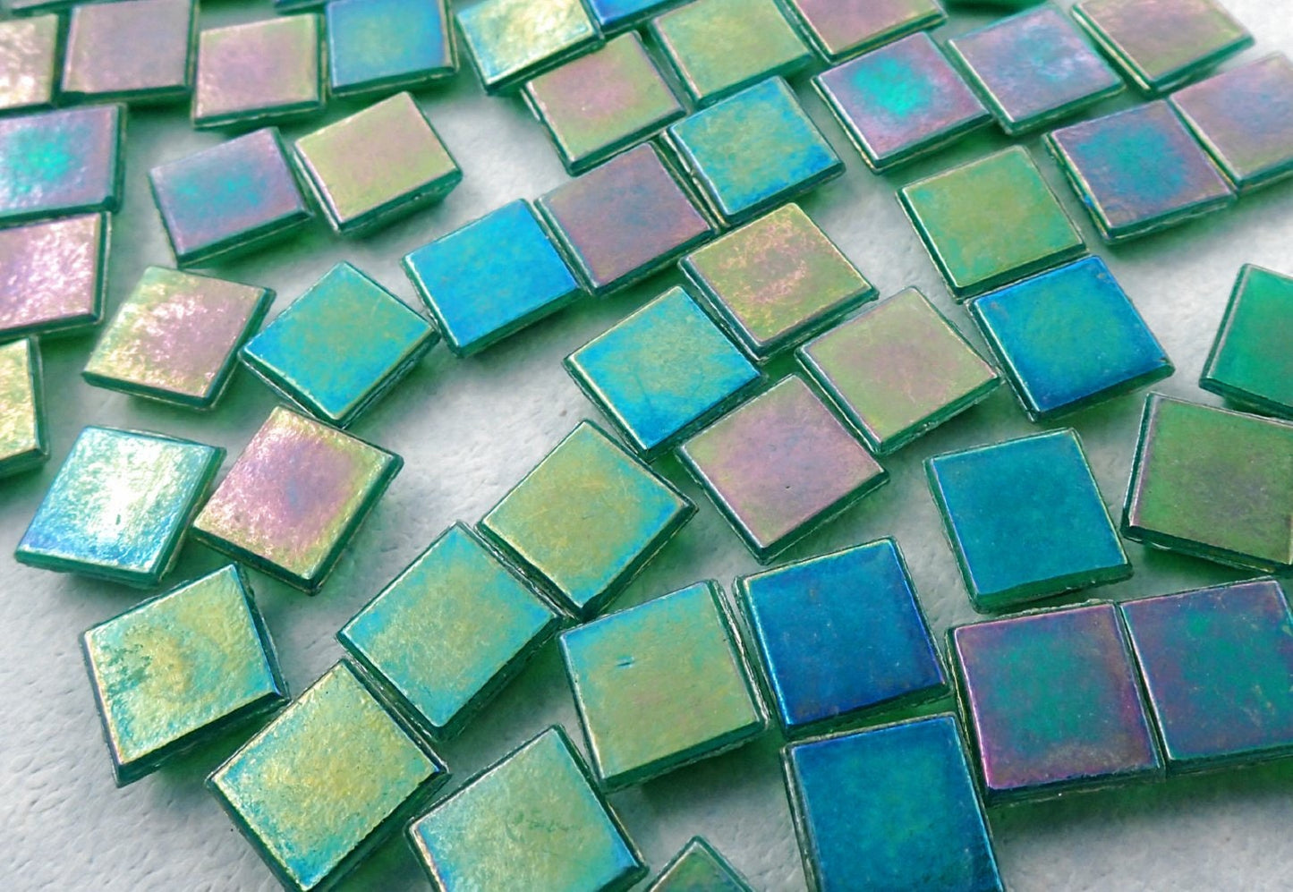 Rainforest Green Iridescent Venetian Glass Tiles - 1 cm - 100 grams - Approx 150 Tiles