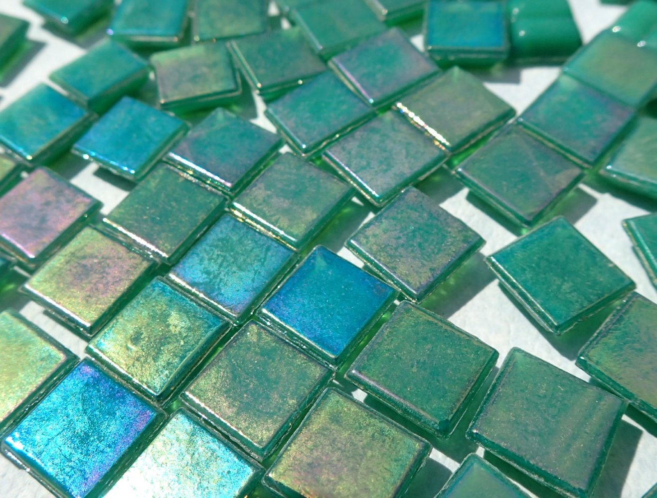 Rainforest Green Iridescent Venetian Glass Tiles - 1 cm - 100 grams - Approx 150 Tiles