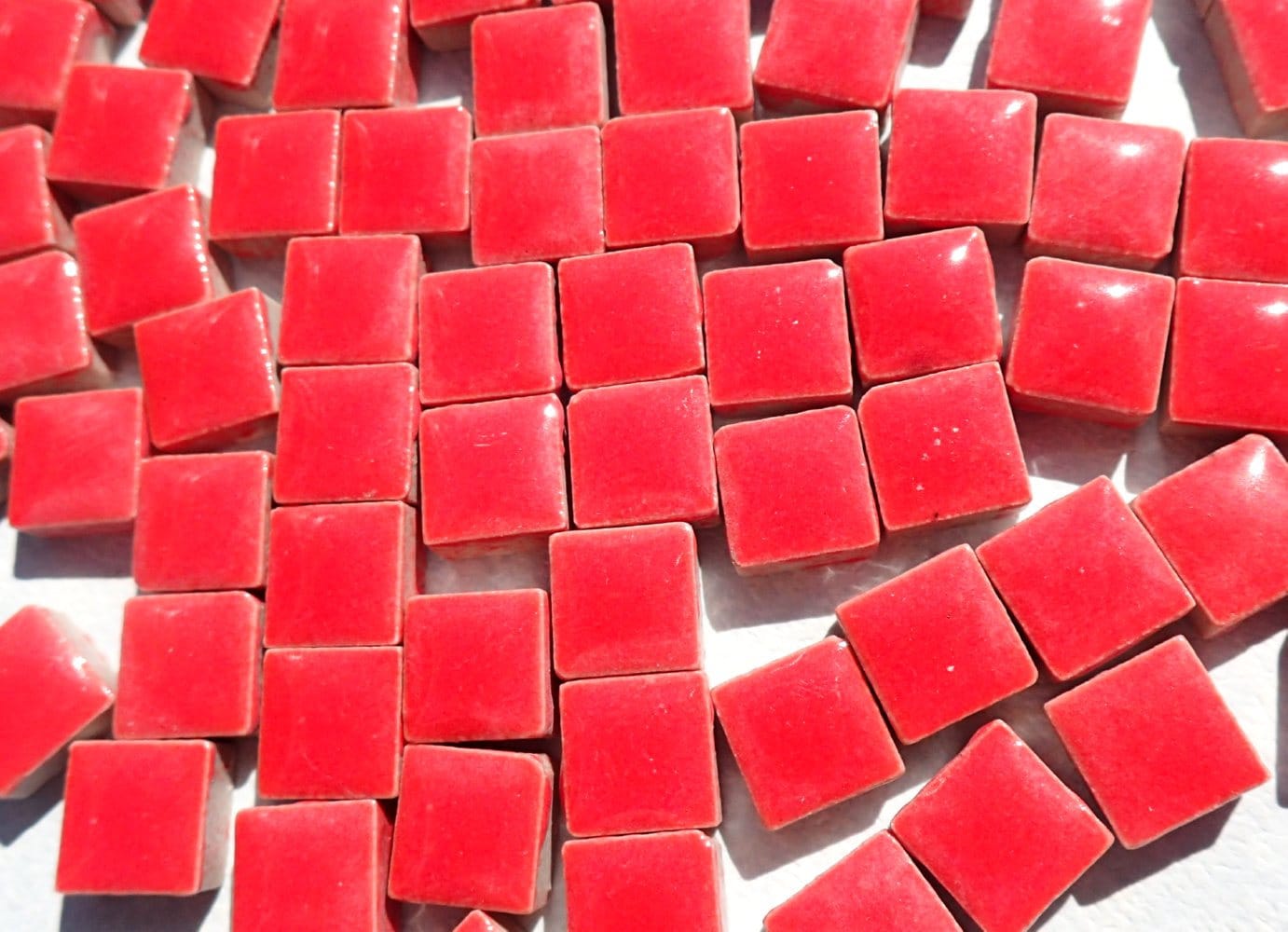 Red Square Mosaic Tiles - 1 cm Ceramic - Half Pound in Fire Engine Red - Over 220 Tiles