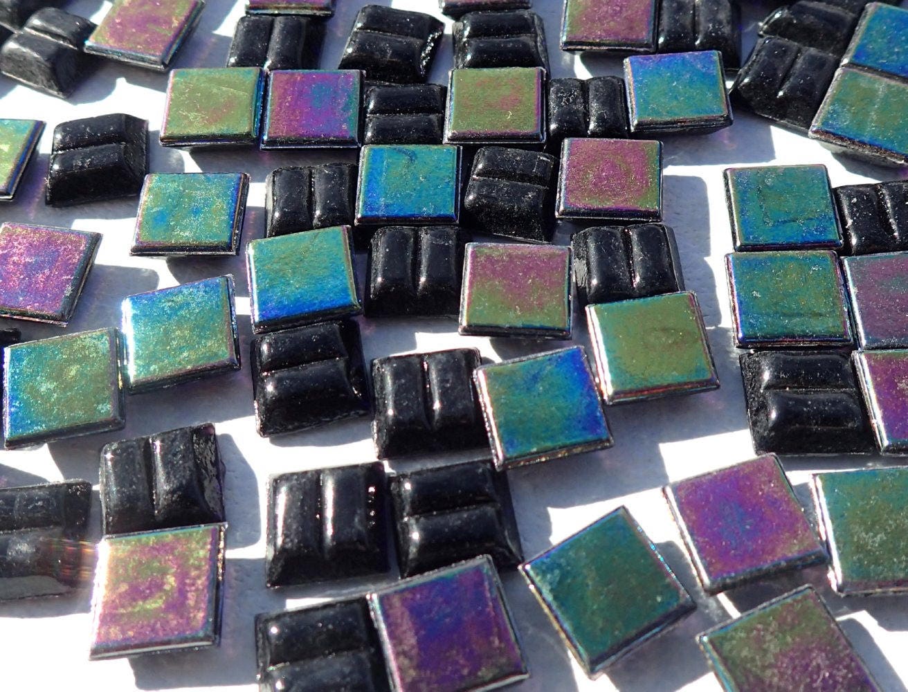 Black Iridescent Glass Tiles - 1 cm Squares - Mosaic Tiles - 100 grams