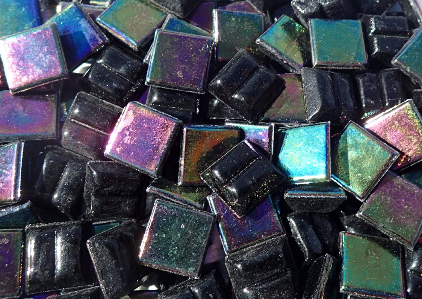 Black Iridescent Glass Tiles - 1 cm Squares - Mosaic Tiles - 100 grams