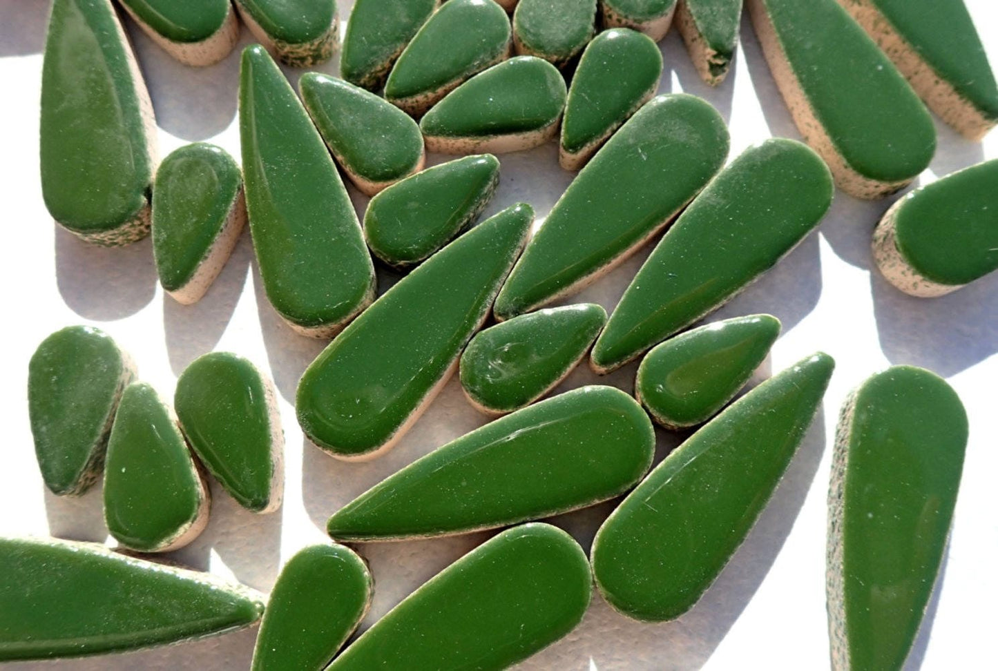 Deep Green Teardrop Mosaic Tiles - 50g Ceramic Petals in Mix of 2 Sizes 1/2" and 3/5" in Pesto