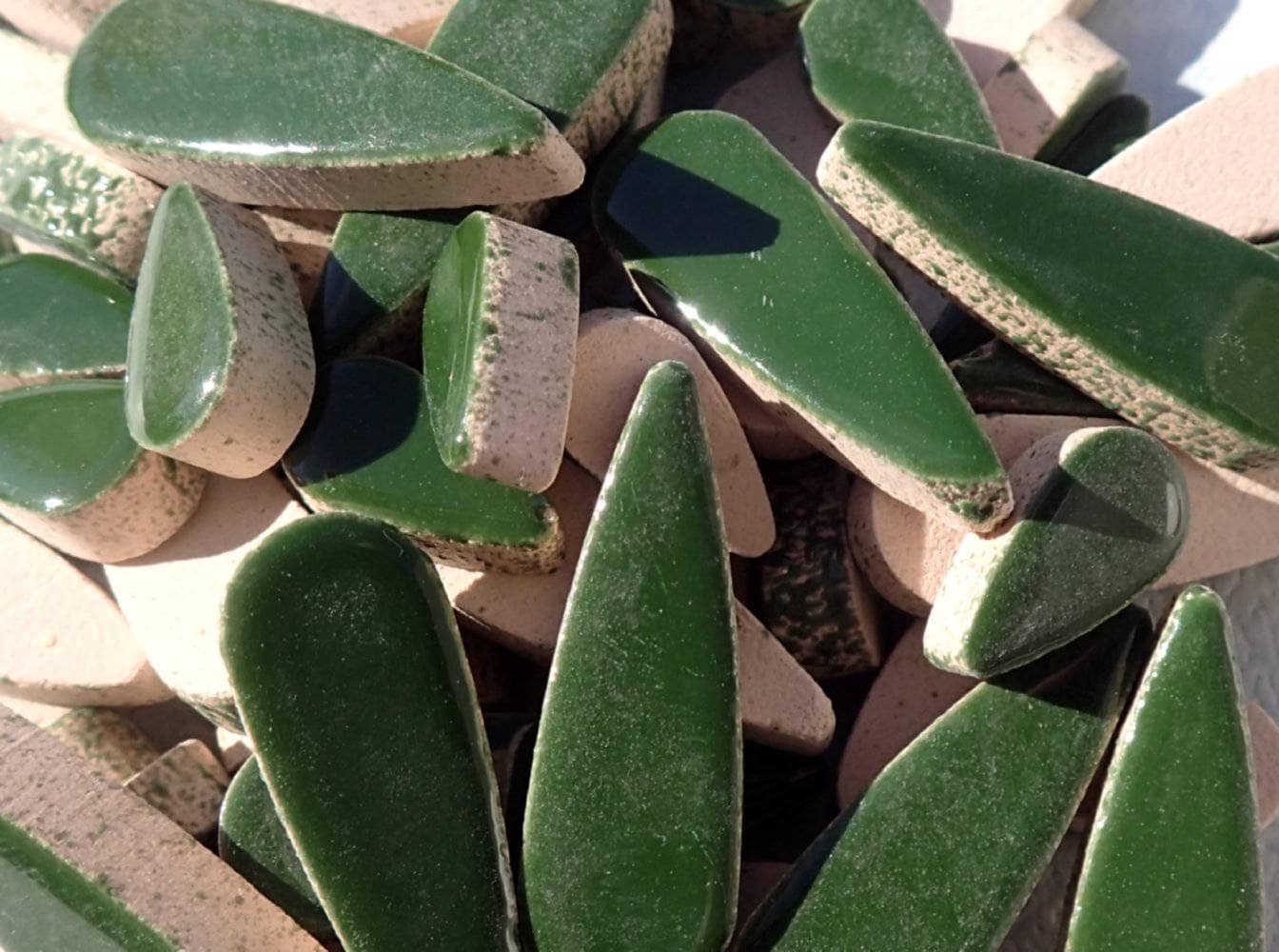 Deep Green Teardrop Mosaic Tiles - 50g Ceramic Petals in Mix of 2 Sizes 1/2" and 3/5" in Pesto