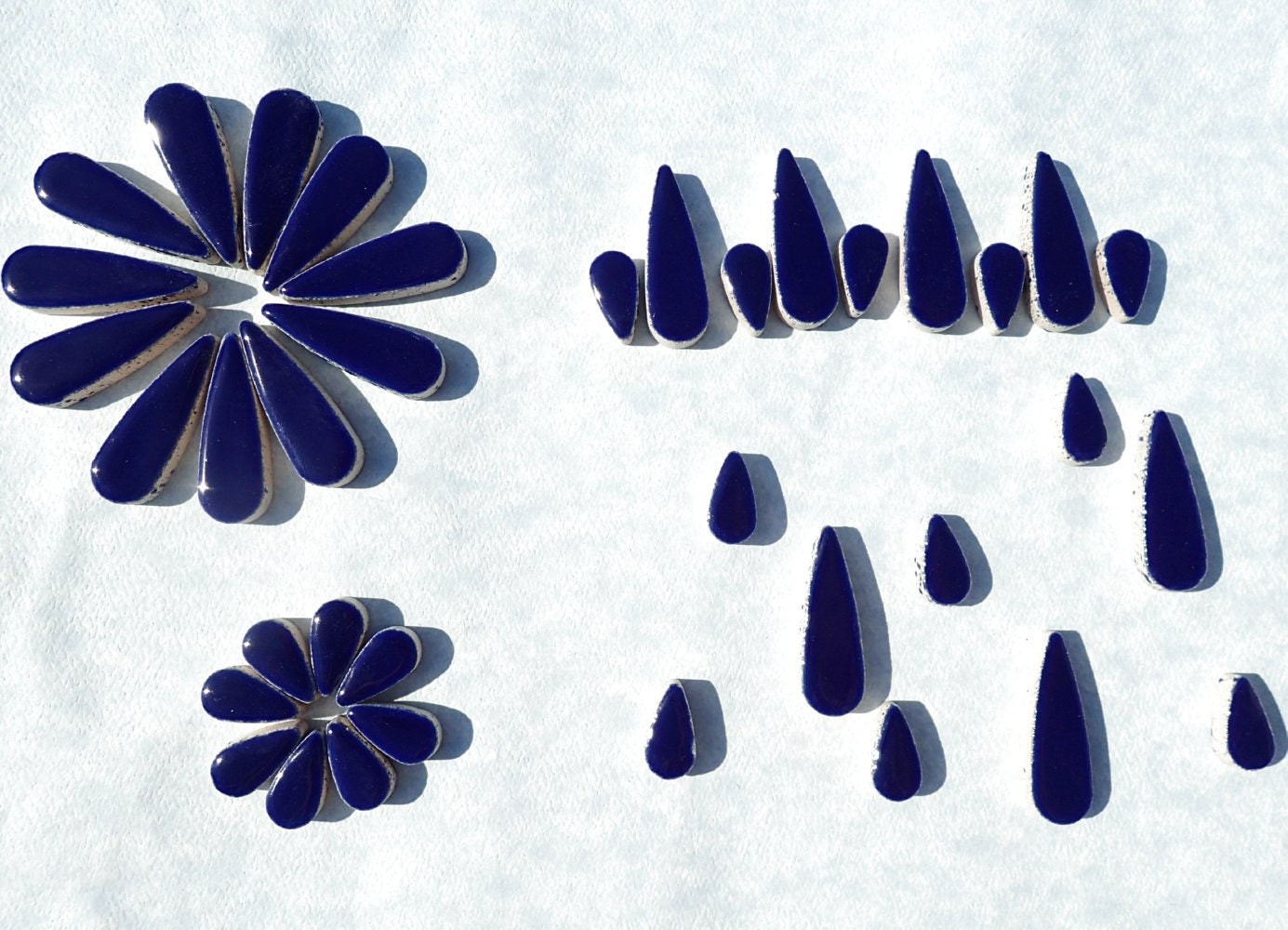 Dark Blue Teardrop Mosaic Tiles - 50g Ceramic Petals in Mix of 2 Sizes 1/2" and 3/5" in Indigo Blue