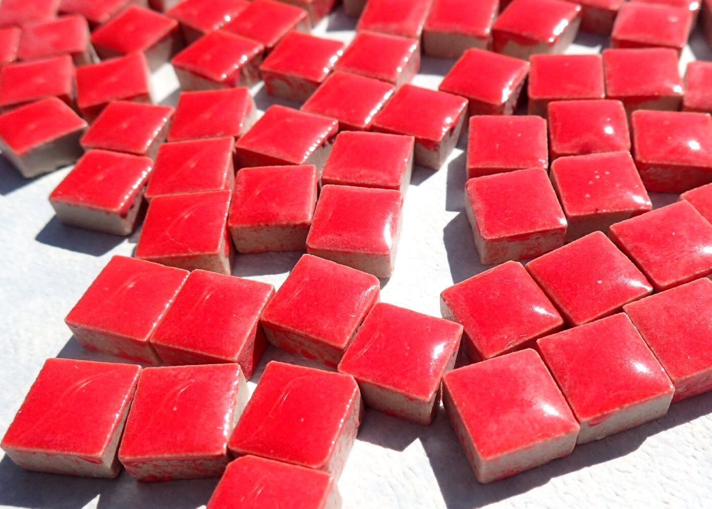 Red Square Mosaic Tiles - 1 cm Ceramic - Half Pound in Fire Engine Red - Over 220 Tiles