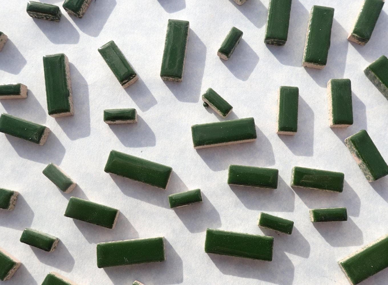 Deep Green Mini Rectangles Mosaic Tiles - 50g Ceramic in Mix of 3 Sizes 1/2" and 3/4" in Pesto