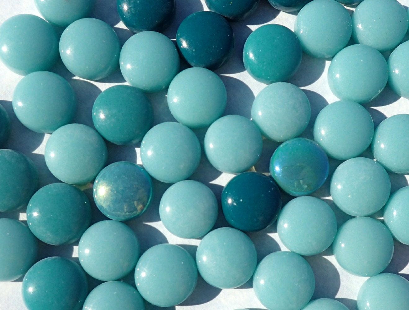 Teal Mint Mix Glass Drops Mosaic Tiles - 100 grams - Mix of Gloss and Iridescent 12mm Glass Gems - Over 60 Tiles