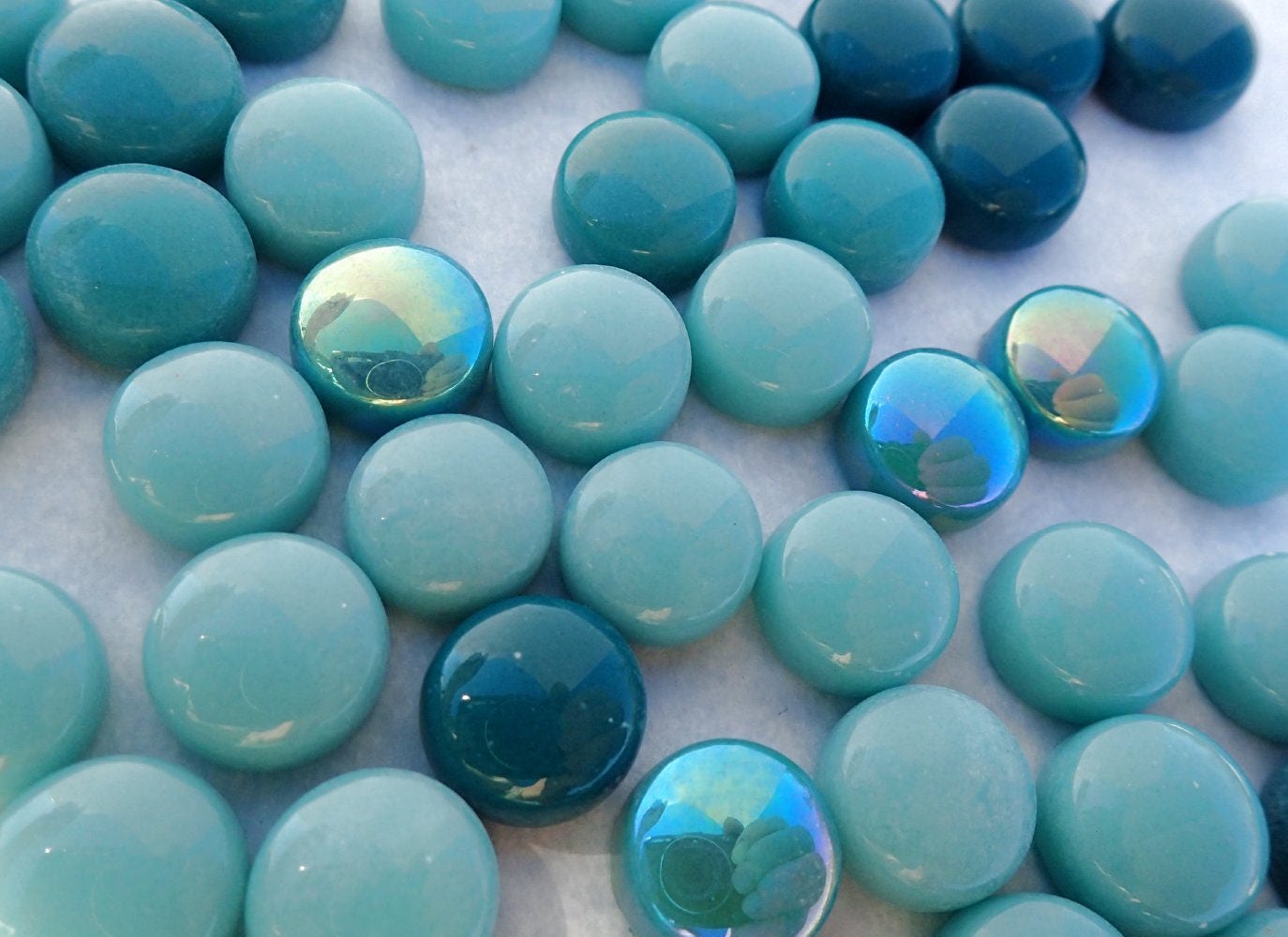 Teal Mint Mix Glass Drops Mosaic Tiles - 100 grams - Mix of Gloss and Iridescent 12mm Glass Gems - Over 60 Tiles