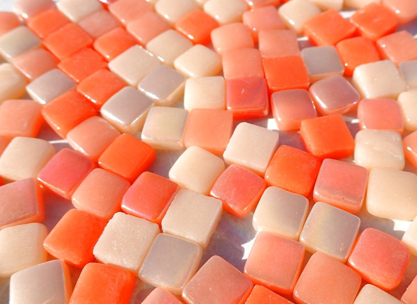 Peach Mix Mini Glass Tiles - 8mm Square - 50 grams Opaque Glass Solid Color Mix of Bright and Pale Orange Iridescent and Matte Tiles