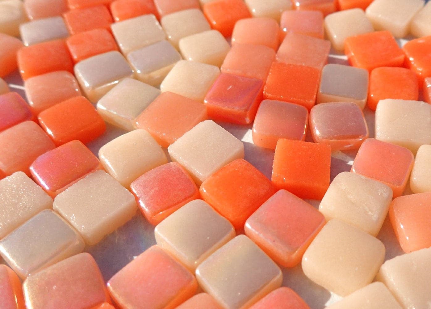 Peach Mix Mini Glass Tiles - 8mm Square - 50 grams Opaque Glass Solid Color Mix of Bright and Pale Orange Iridescent and Matte Tiles