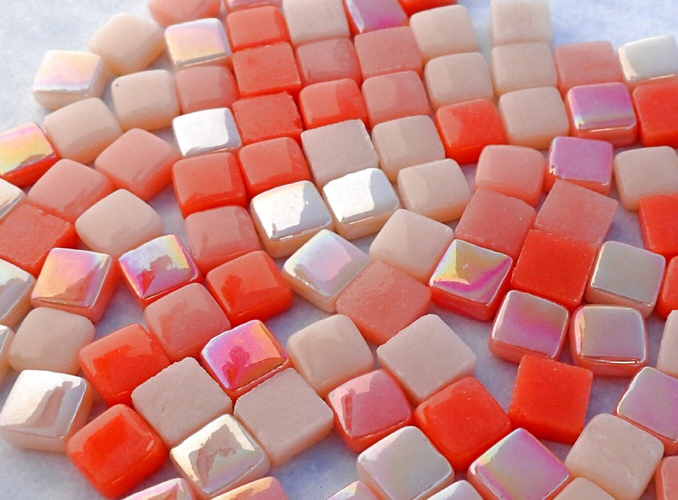 Peach Mix Mini Glass Tiles - 8mm Square - 50 grams Opaque Glass Solid Color Mix of Bright and Pale Orange Iridescent and Matte Tiles