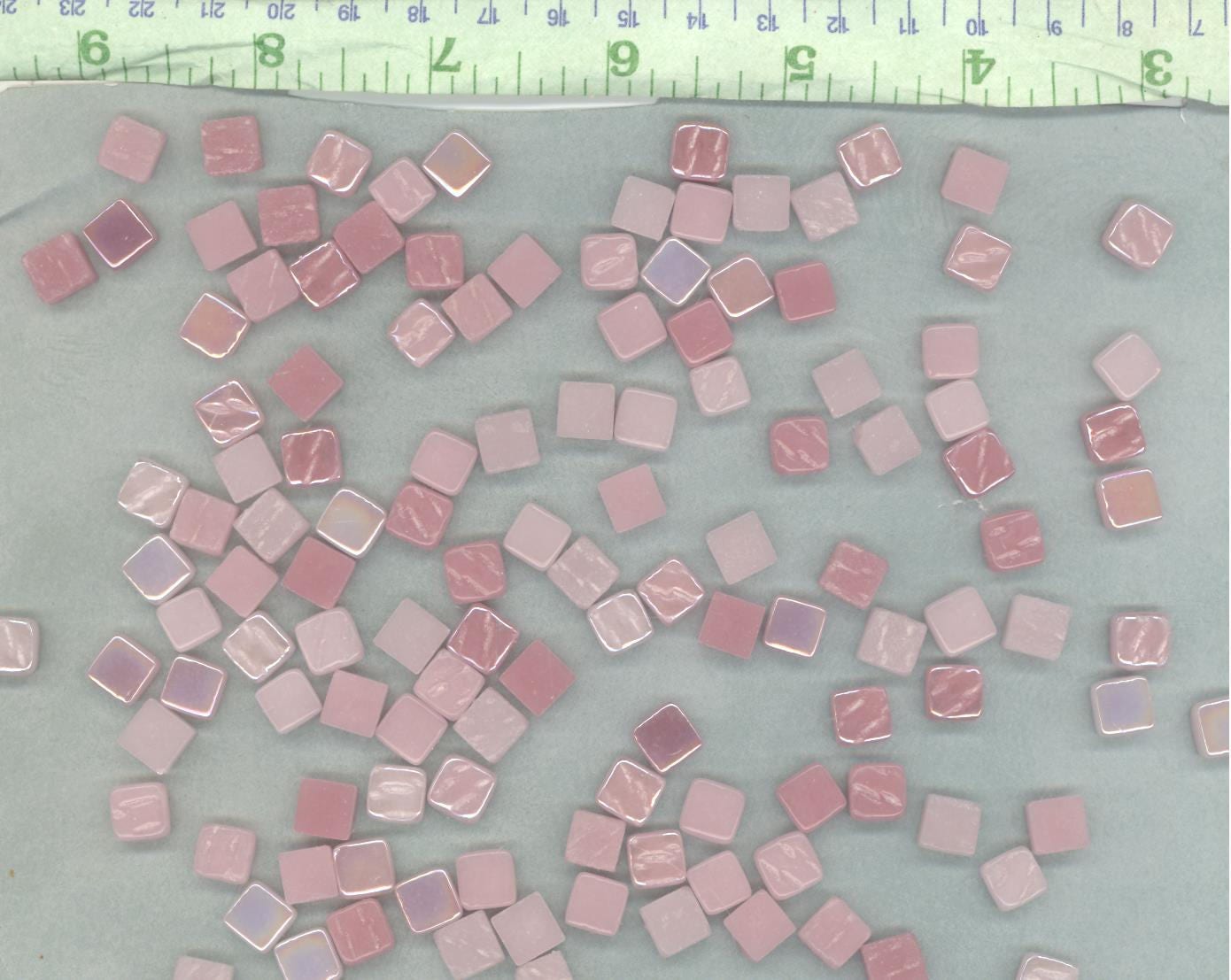 Tickled Pink Mix Mini Glass Tiles - 8mm Square - 50 grams Opaque Glass Solid Color Mix of Shabby Pink Iridescent and Matte Tiles