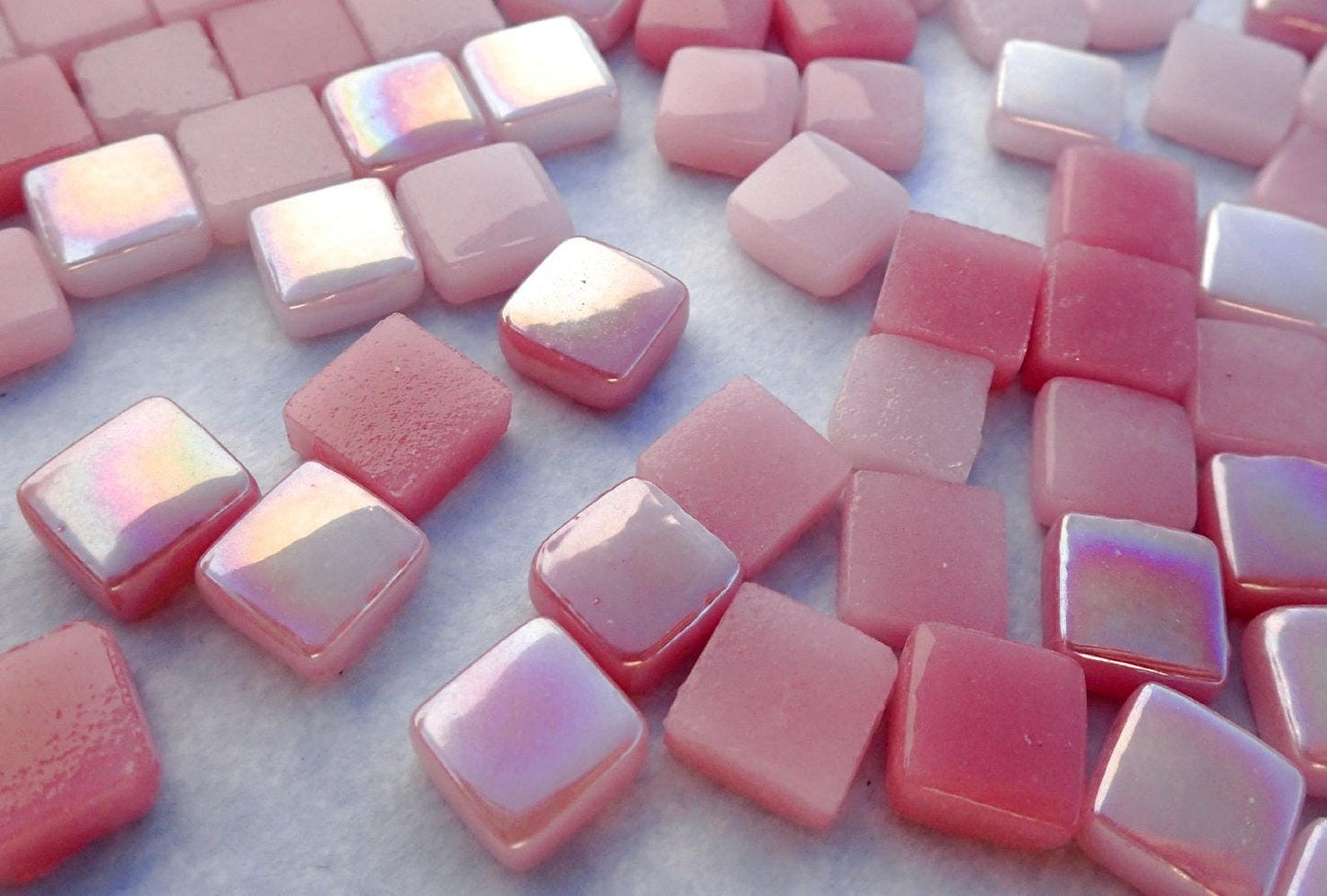 Tickled Pink Mix Mini Glass Tiles - 8mm Square - 50 grams Opaque Glass Solid Color Mix of Shabby Pink Iridescent and Matte Tiles