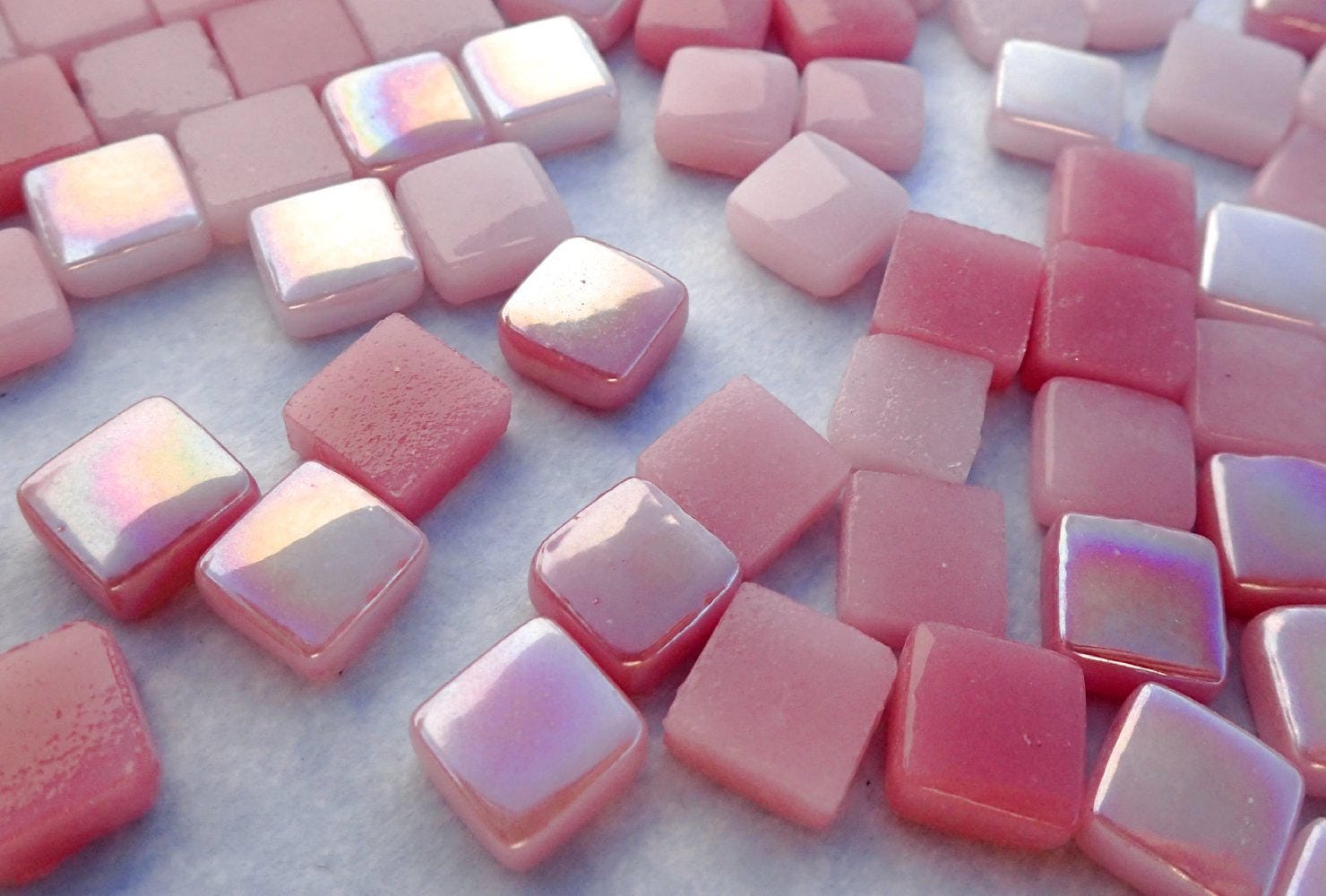 Tickled Pink Mix Mini Glass Tiles - 8mm Square - 50 grams Opaque Glass Solid Color Mix of Shabby Pink Iridescent and Matte Tiles