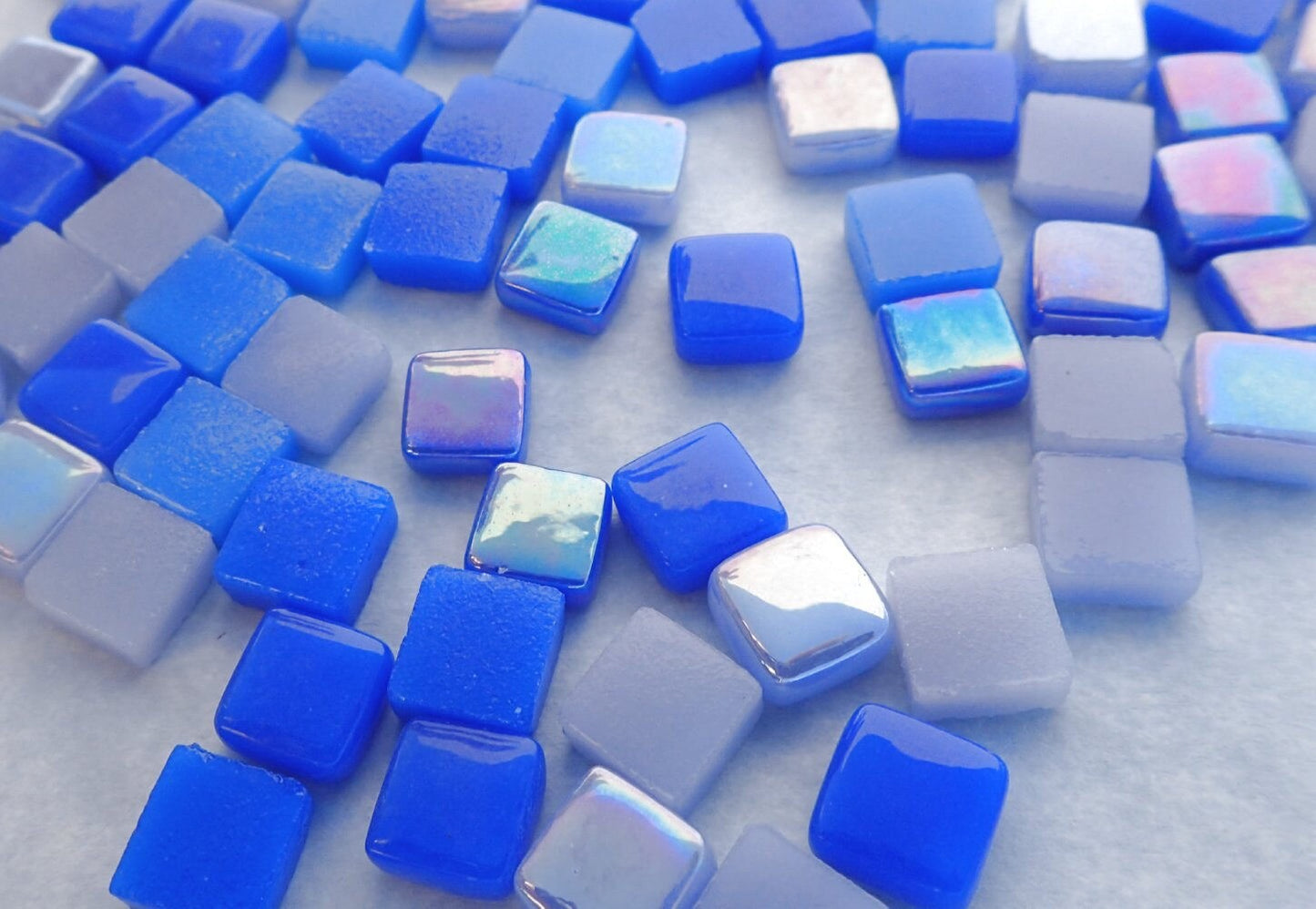 Moody Blues Mix Mini Glass Tiles - 8mm Square - 50 grams Opaque Glass Solid Color Mix of Bright and Pale Iridescent and Matte Tiles