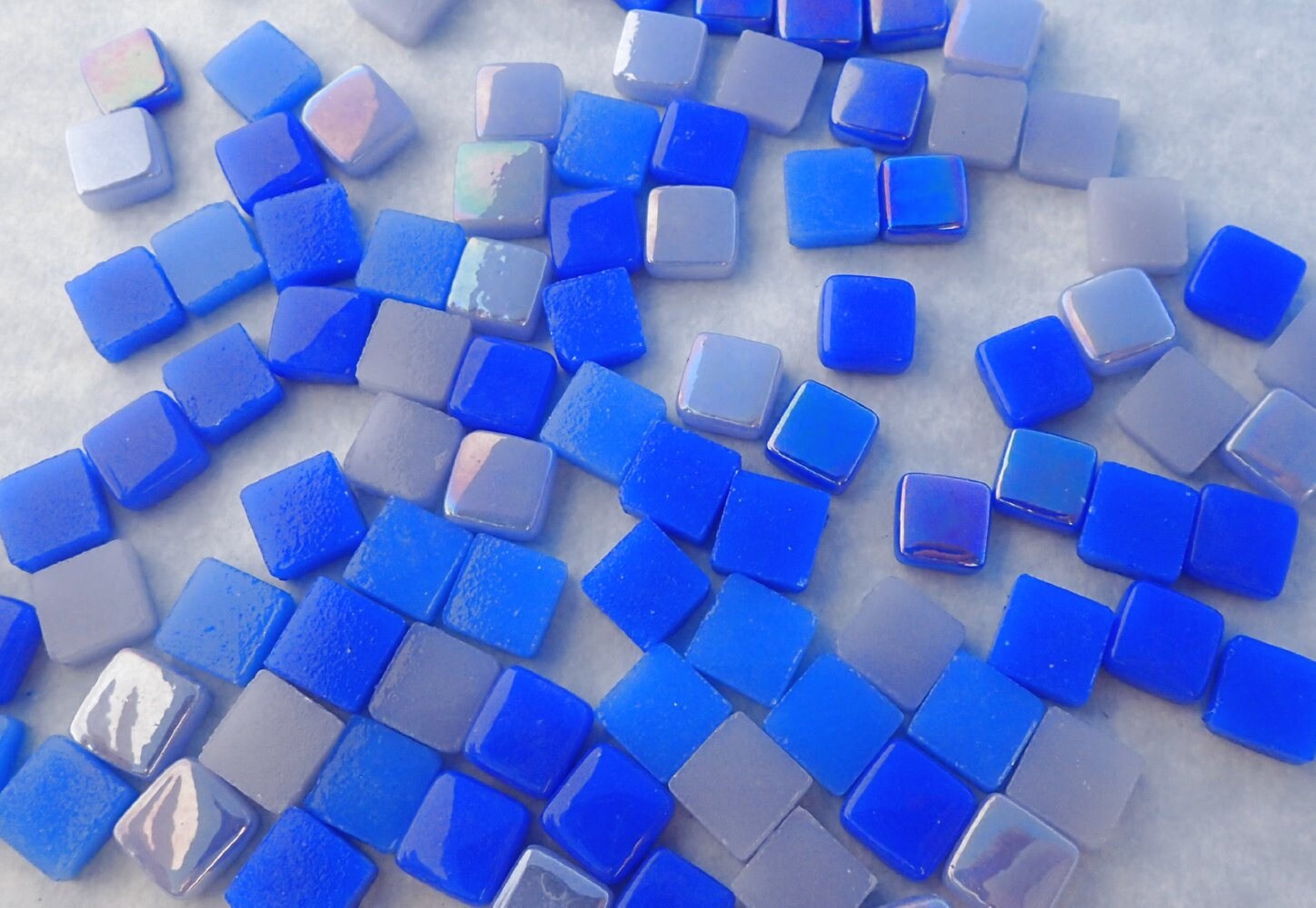 Moody Blues Mix Mini Glass Tiles - 8mm Square - 50 grams Opaque Glass Solid Color Mix of Bright and Pale Iridescent and Matte Tiles