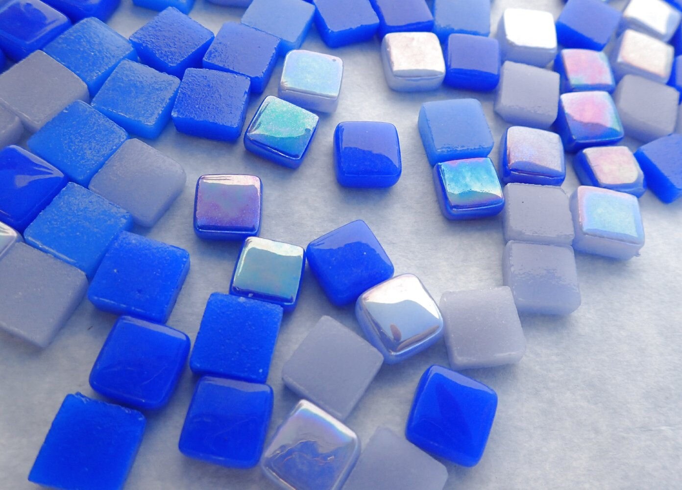 Moody Blues Mix Mini Glass Tiles - 8mm Square - 50 grams Opaque Glass Solid Color Mix of Bright and Pale Iridescent and Matte Tiles