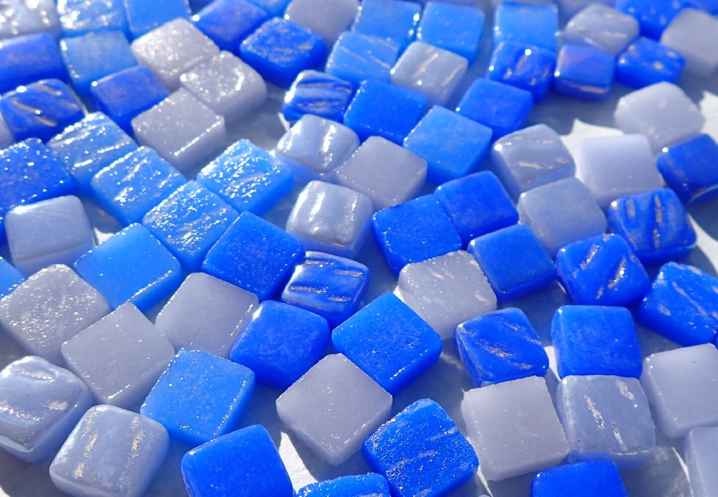 Moody Blues Mix Mini Glass Tiles - 8mm Square - 50 grams Opaque Glass Solid Color Mix of Bright and Pale Iridescent and Matte Tiles