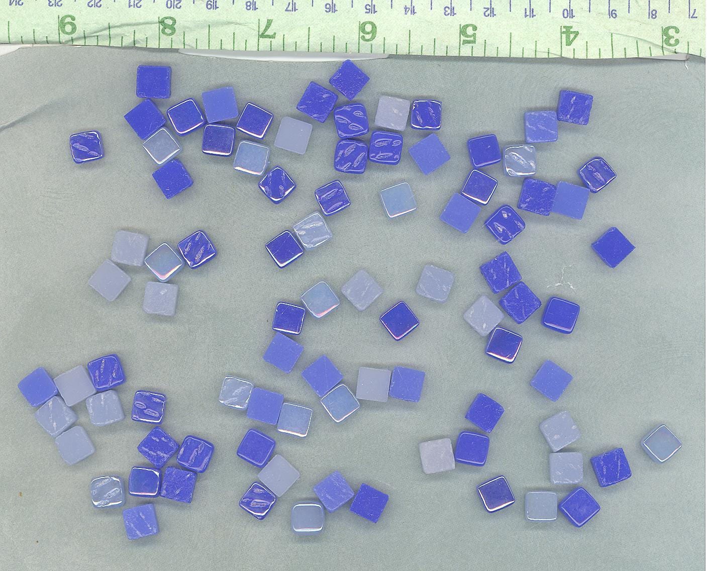 Moody Blues Mix Mini Glass Tiles - 8mm Square - 50 grams Opaque Glass Solid Color Mix of Bright and Pale Iridescent and Matte Tiles