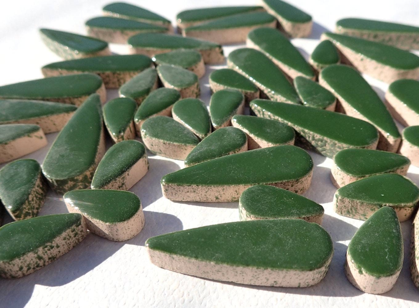 Deep Green Teardrop Mosaic Tiles - 50g Ceramic Petals in Mix of 2 Sizes 1/2" and 3/5" in Pesto