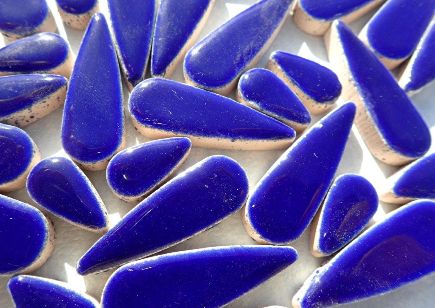 Dark Blue Teardrop Mosaic Tiles - 50g Ceramic Petals in Mix of 2 Sizes 1/2" and 3/5" in Indigo Blue