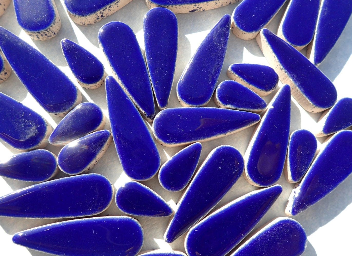 Dark Blue Teardrop Mosaic Tiles - 50g Ceramic Petals in Mix of 2 Sizes 1/2" and 3/5" in Indigo Blue