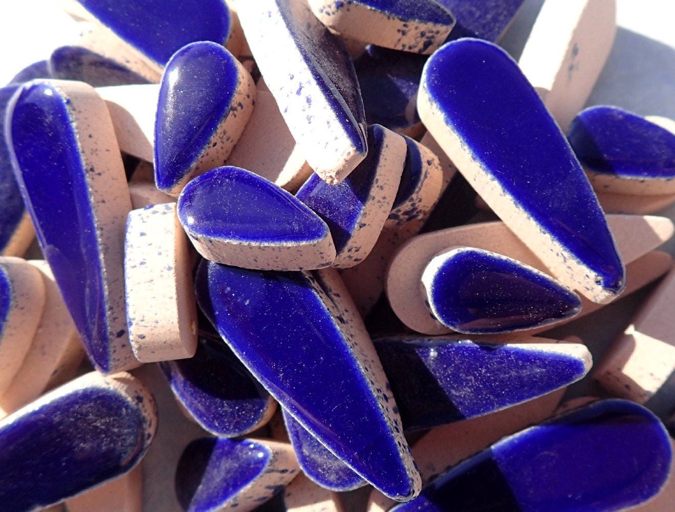 Dark Blue Teardrop Mosaic Tiles - 50g Ceramic Petals in Mix of 2 Sizes 1/2" and 3/5" in Indigo Blue