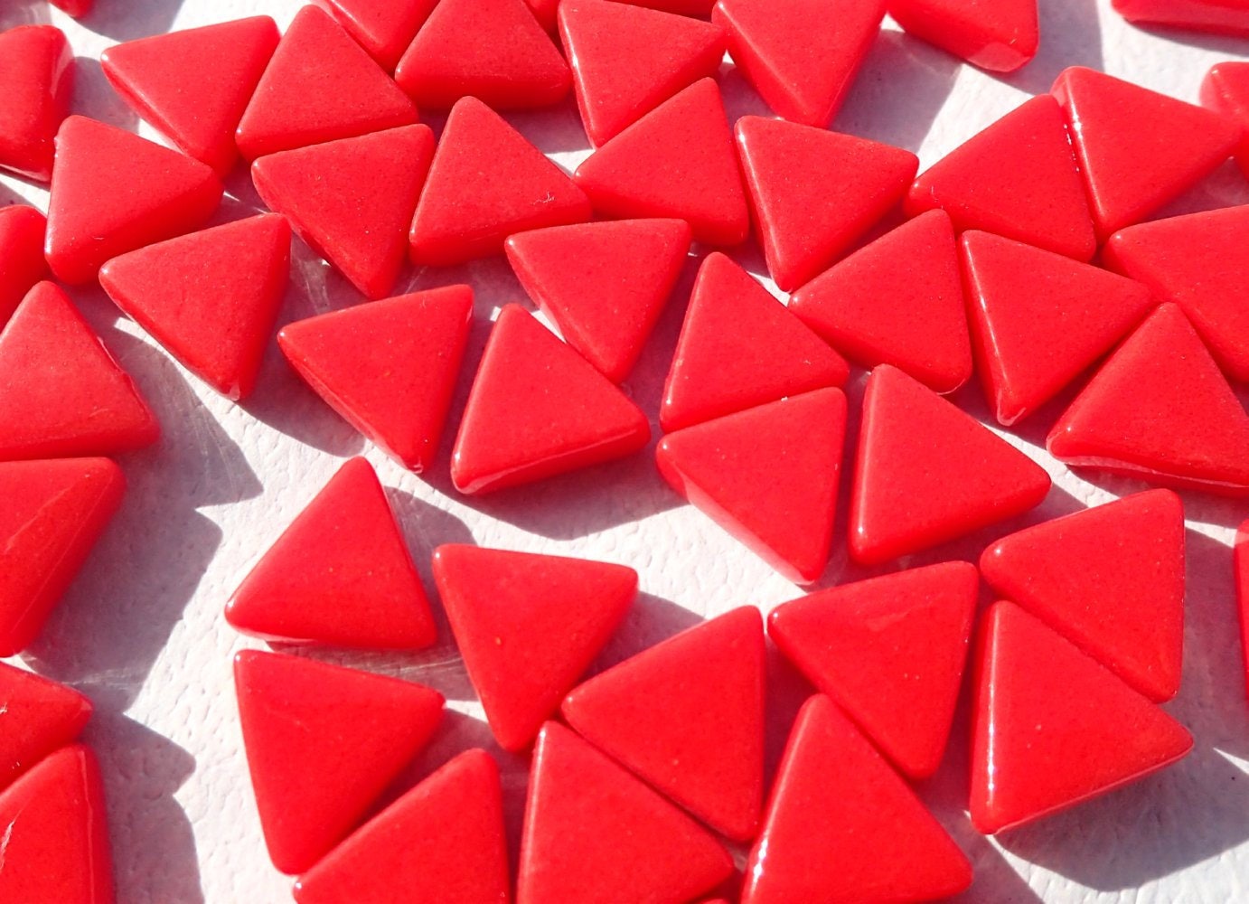 Small Red Triangle Glass Mosaic Tiles - 10mm - Opaque Glass Solid Color - 50g of Triangles - Approx 70 Tiles