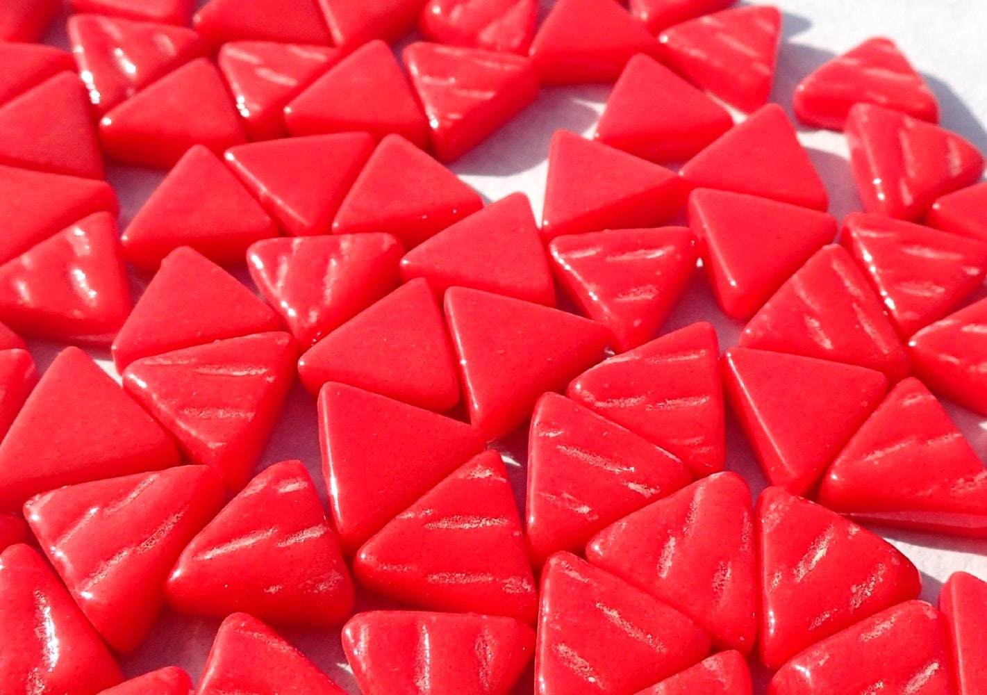 Small Red Triangle Glass Mosaic Tiles - 10mm - Opaque Glass Solid Color - 50g of Triangles - Approx 70 Tiles