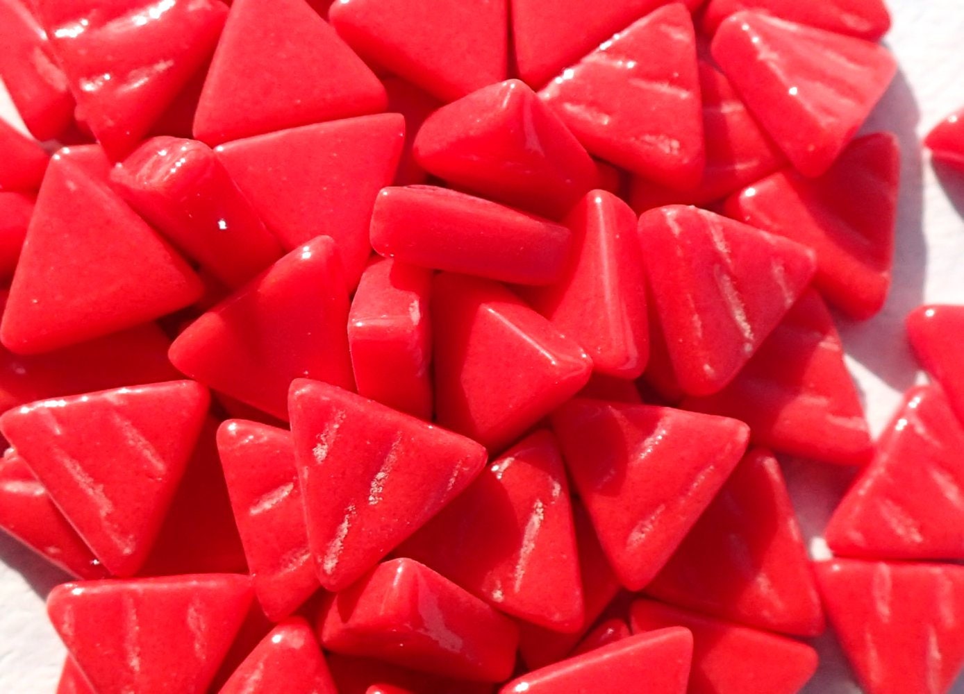 Small Red Triangle Glass Mosaic Tiles - 10mm - Opaque Glass Solid Color - 50g of Triangles - Approx 70 Tiles