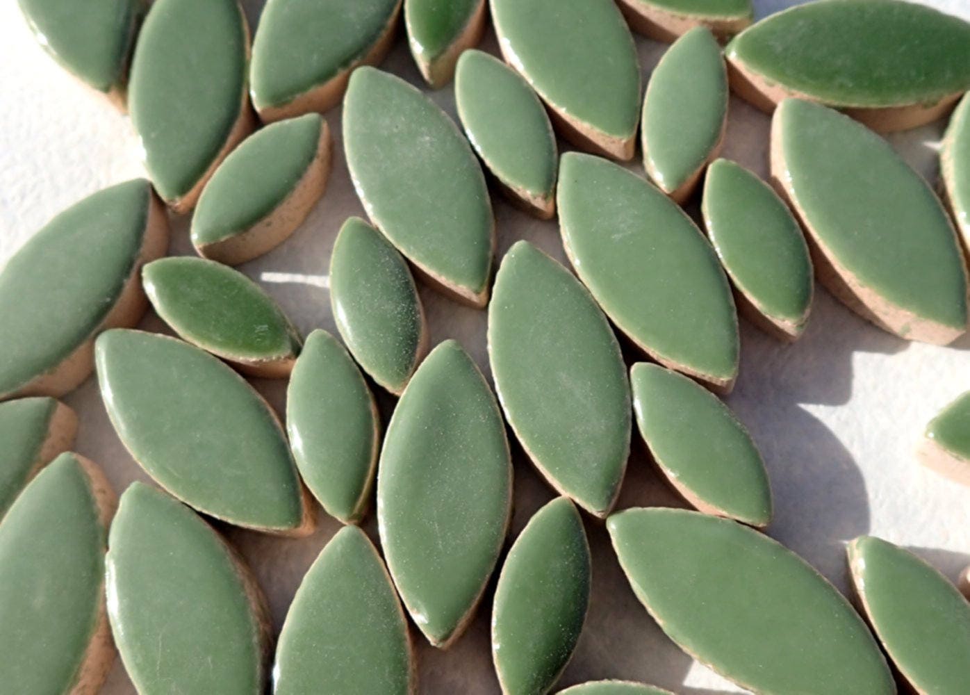 Green Petals Mosaic Tiles - 50g Ceramic Leaves in Mix of 2 Sizes 1/2" and 3/4" - Eucalyptus Green