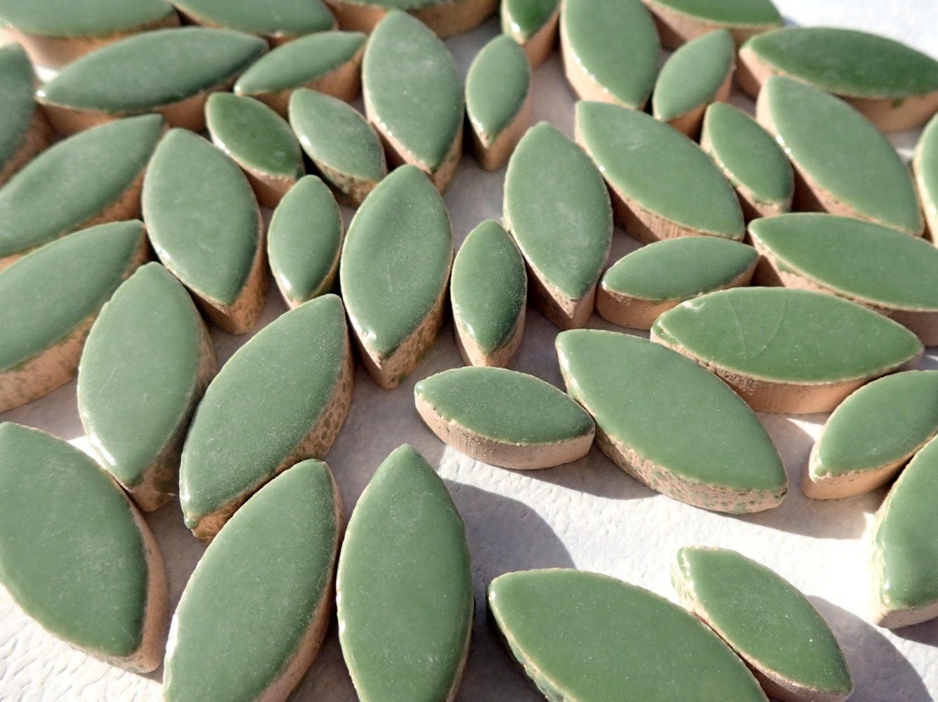 Green Petals Mosaic Tiles - 50g Ceramic Leaves in Mix of 2 Sizes 1/2" and 3/4" - Eucalyptus Green