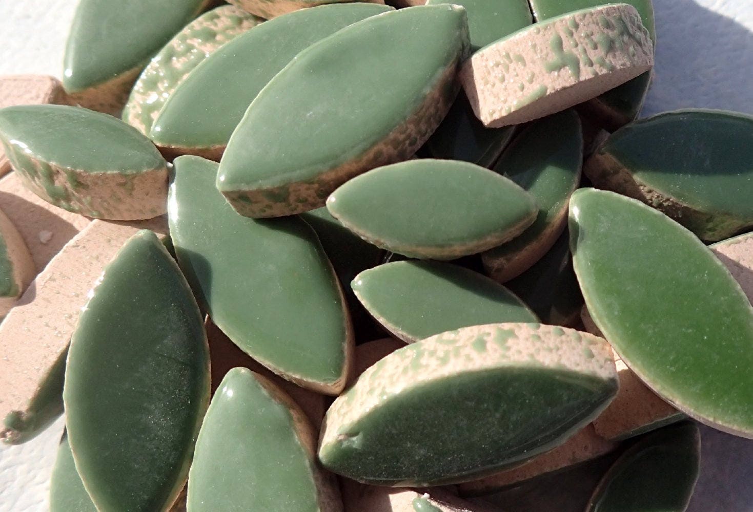 Green Petals Mosaic Tiles - 50g Ceramic Leaves in Mix of 2 Sizes 1/2" and 3/4" - Eucalyptus Green