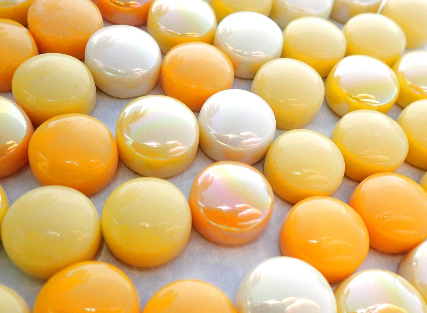 Sunshine Mix Glass Drops Mosaic Tiles - 100 grams - Mix of Gloss and Iridescent 12mm Glass Gems Orange Yellow White