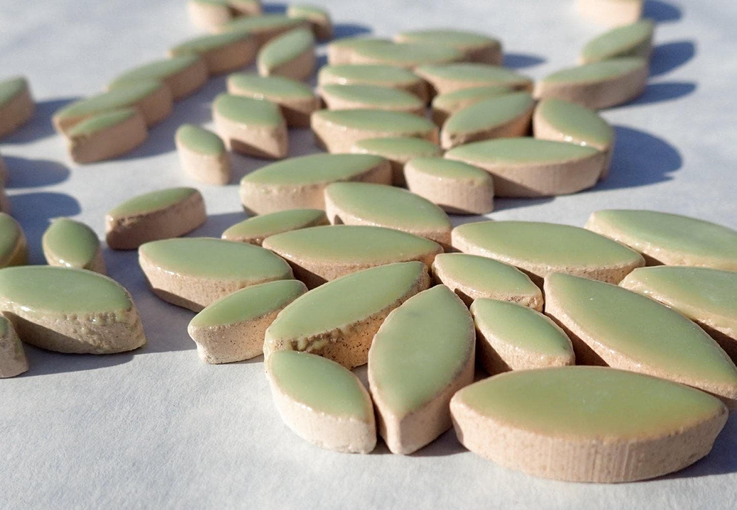 Pistachio Green Petals Mosaic Tiles - 50g Ceramic Leaves in Mix of 2 Sizes 1/2" and 3/4" - Muted Peppermint Green