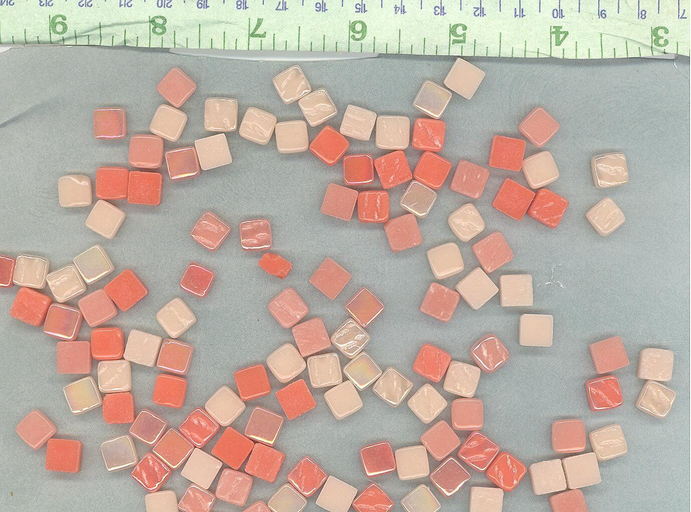 Peach Mix Mini Glass Tiles - 8mm Square - 50 grams Opaque Glass Solid Color Mix of Bright and Pale Orange Iridescent and Matte Tiles