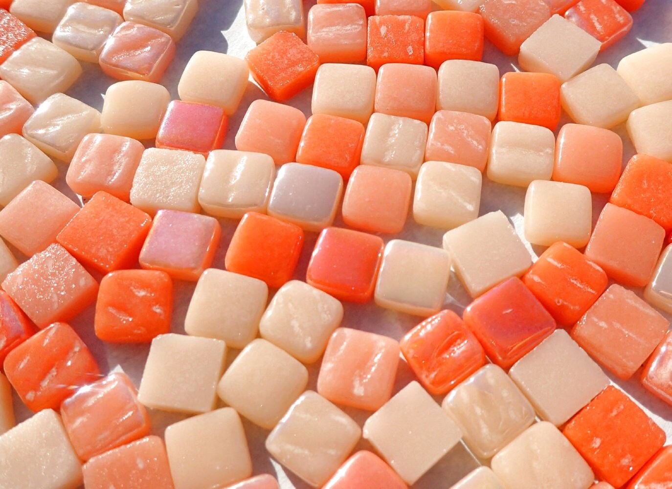 Peach Mix Mini Glass Tiles - 8mm Square - 50 grams Opaque Glass Solid Color Mix of Bright and Pale Orange Iridescent and Matte Tiles