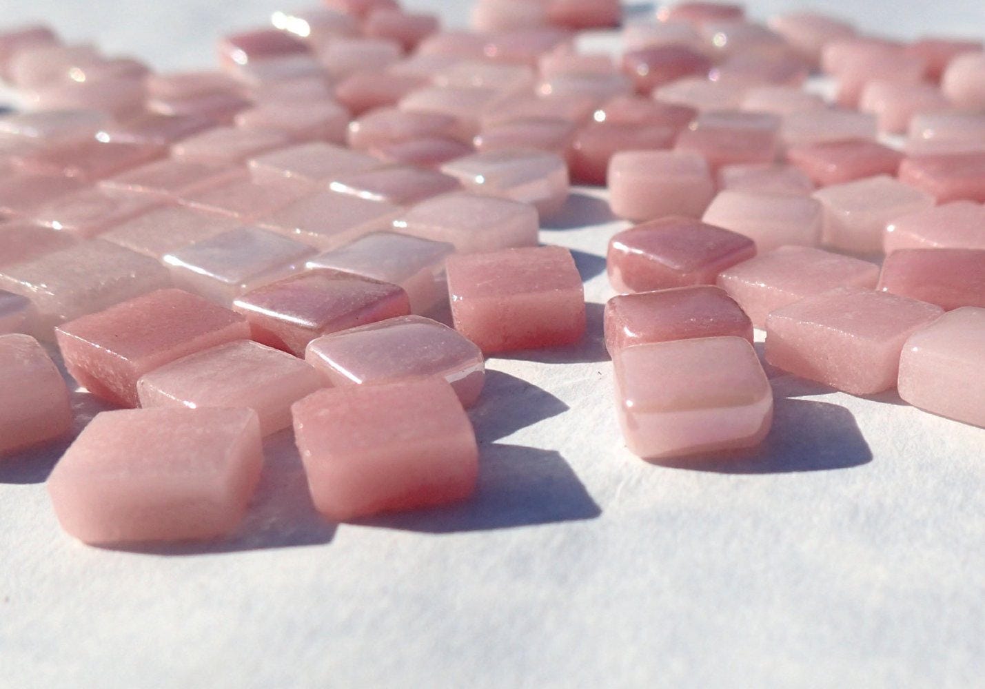 Tickled Pink Mix Mini Glass Tiles - 8mm Square - 50 grams Opaque Glass Solid Color Mix of Shabby Pink Iridescent and Matte Tiles