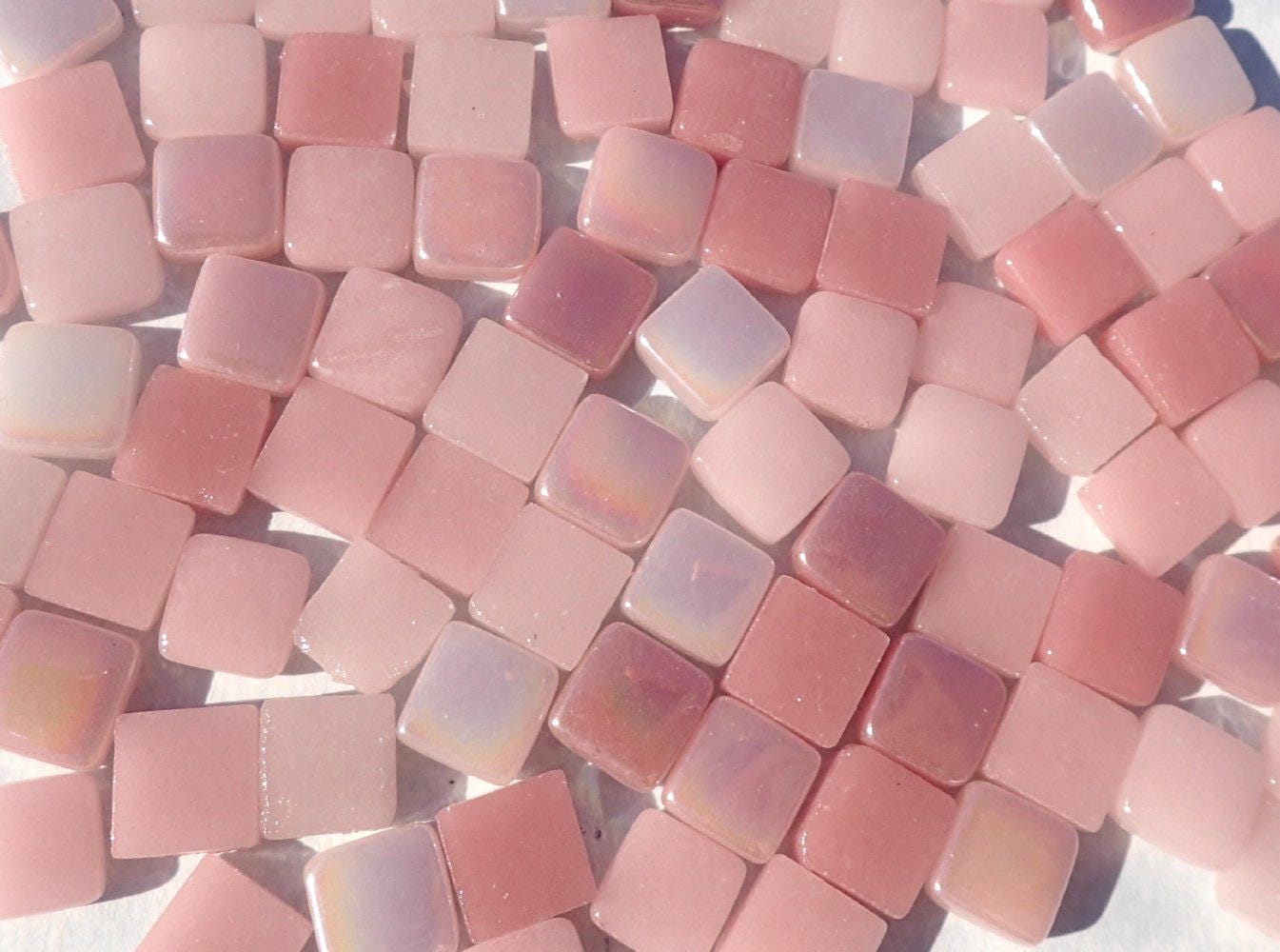 Tickled Pink Mix Mini Glass Tiles - 8mm Square - 50 grams Opaque Glass Solid Color Mix of Shabby Pink Iridescent and Matte Tiles