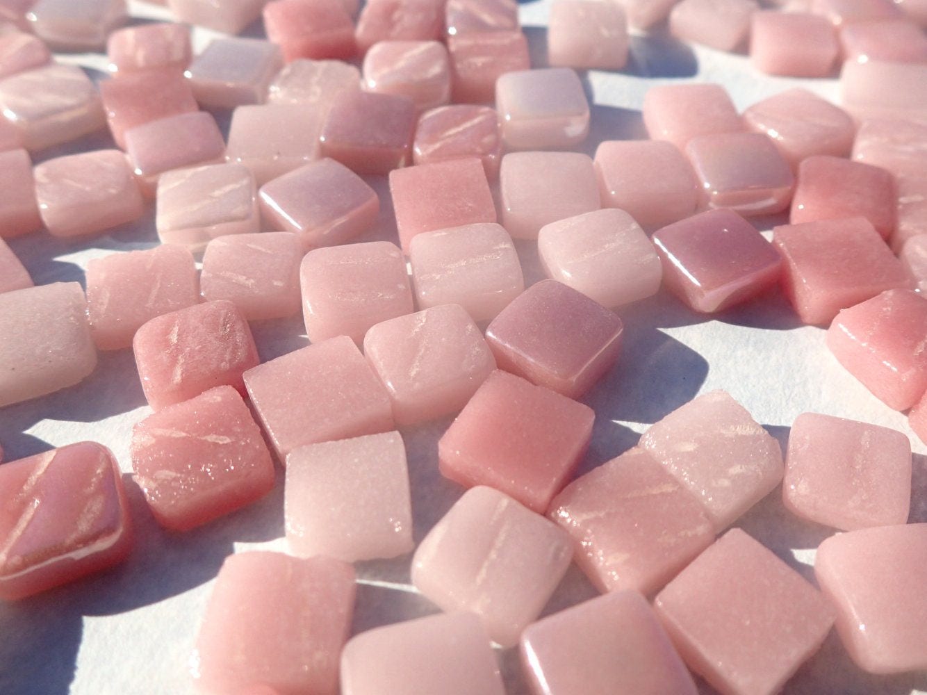 Tickled Pink Mix Mini Glass Tiles - 8mm Square - 50 grams Opaque Glass Solid Color Mix of Shabby Pink Iridescent and Matte Tiles