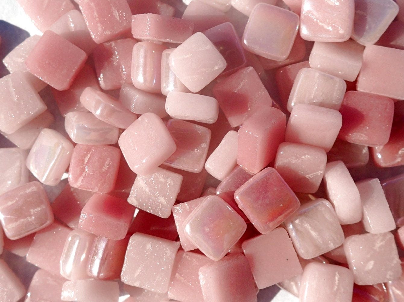 Tickled Pink Mix Mini Glass Tiles - 8mm Square - 50 grams Opaque Glass Solid Color Mix of Shabby Pink Iridescent and Matte Tiles