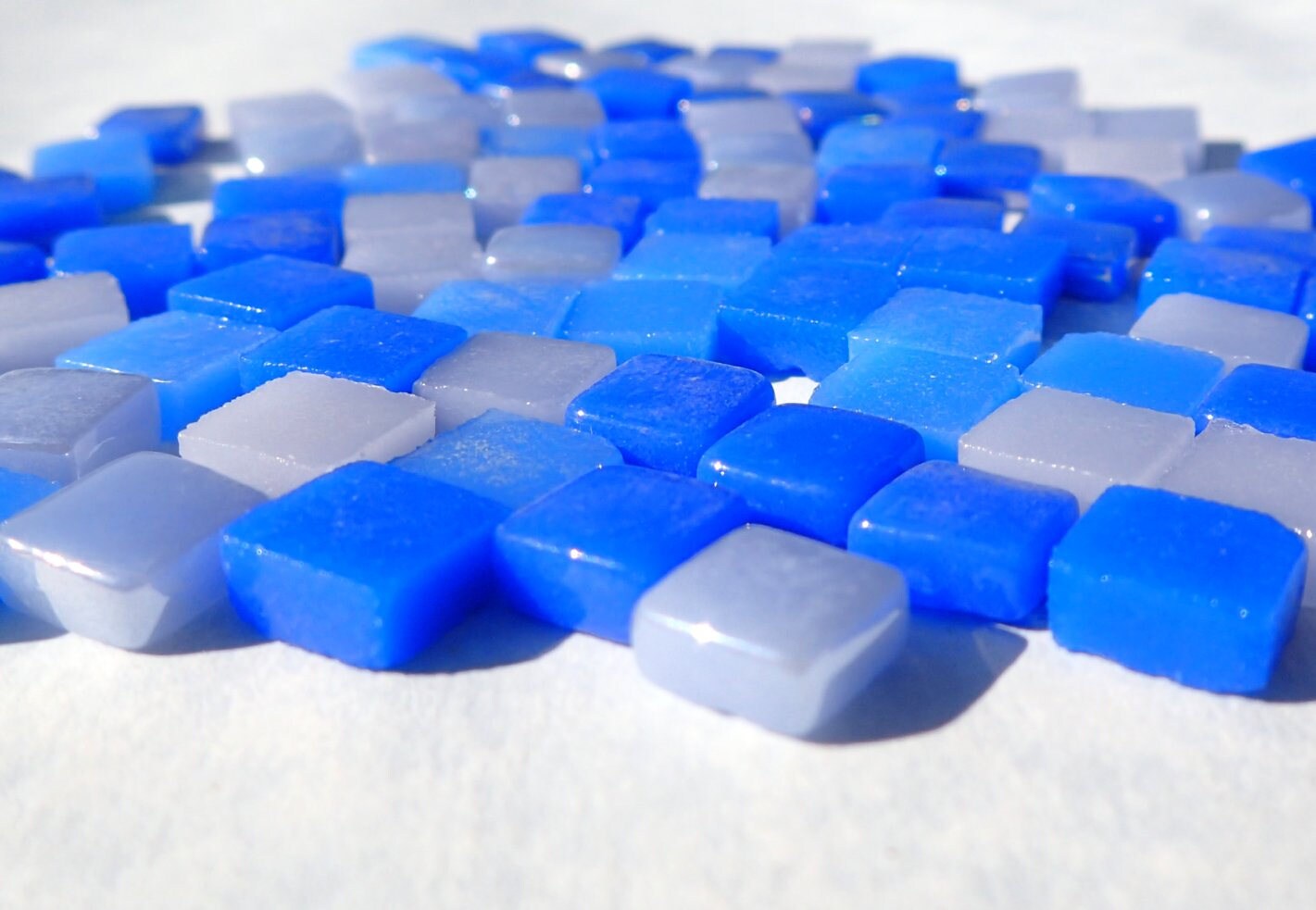 Moody Blues Mix Mini Glass Tiles - 8mm Square - 50 grams Opaque Glass Solid Color Mix of Bright and Pale Iridescent and Matte Tiles