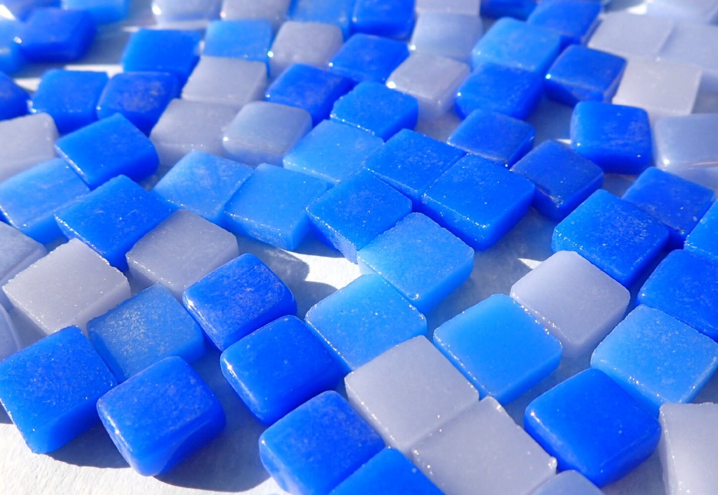 Moody Blues Mix Mini Glass Tiles - 8mm Square - 50 grams Opaque Glass Solid Color Mix of Bright and Pale Iridescent and Matte Tiles